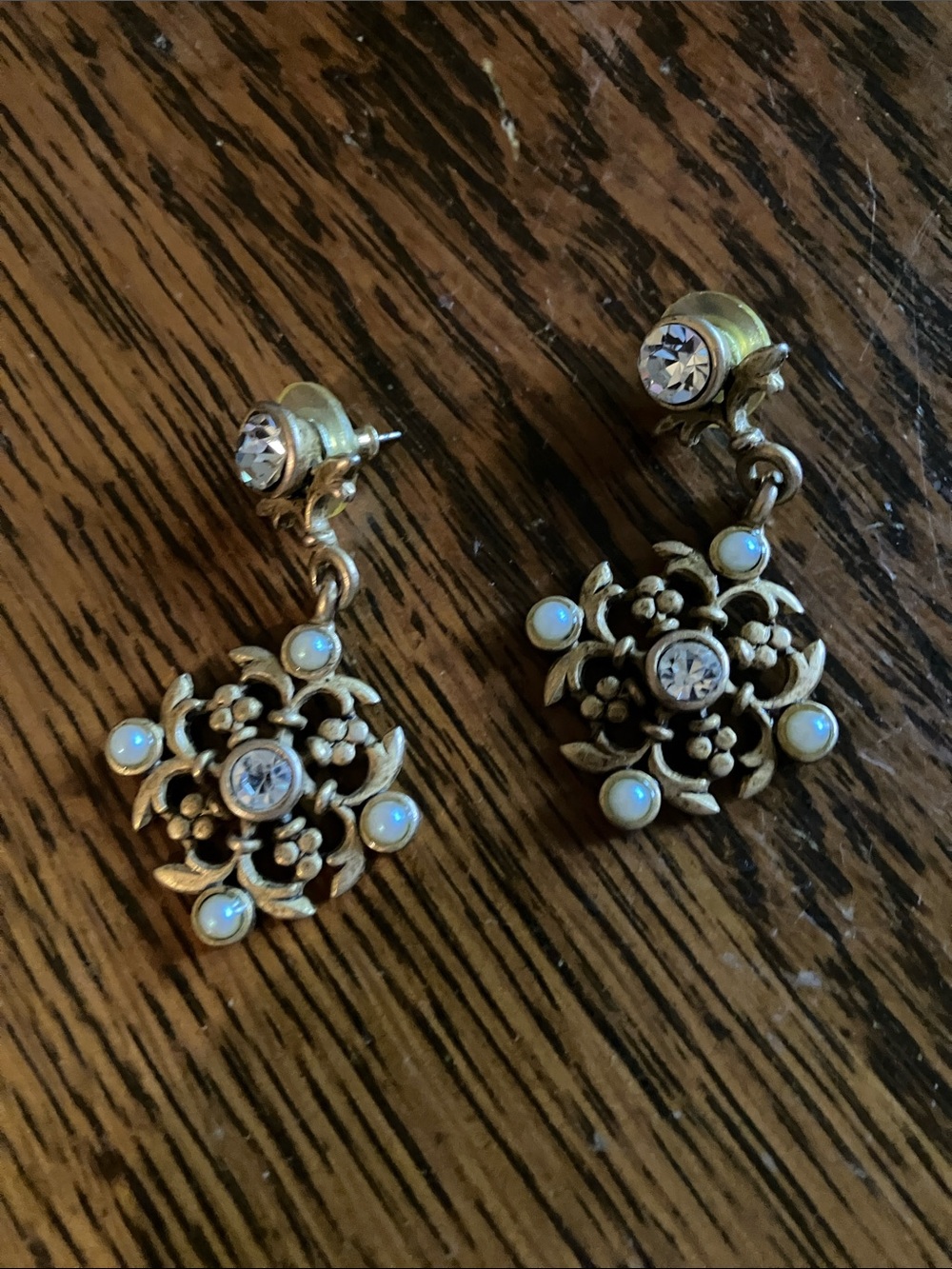 Gold Floral Drop Earrings with White Opal Accents